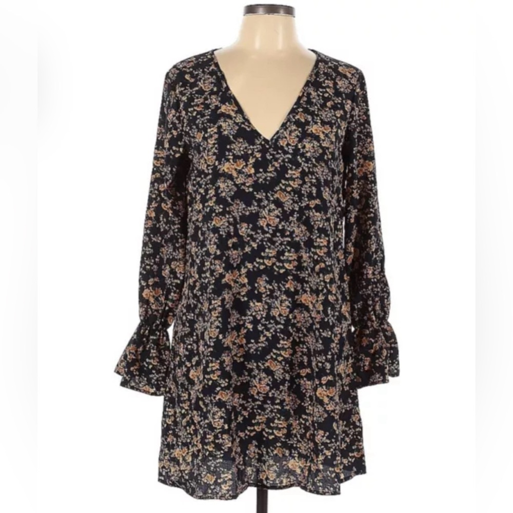 Shein Floral V Neck Mini Dress Navy Blue And Orange Size Medium